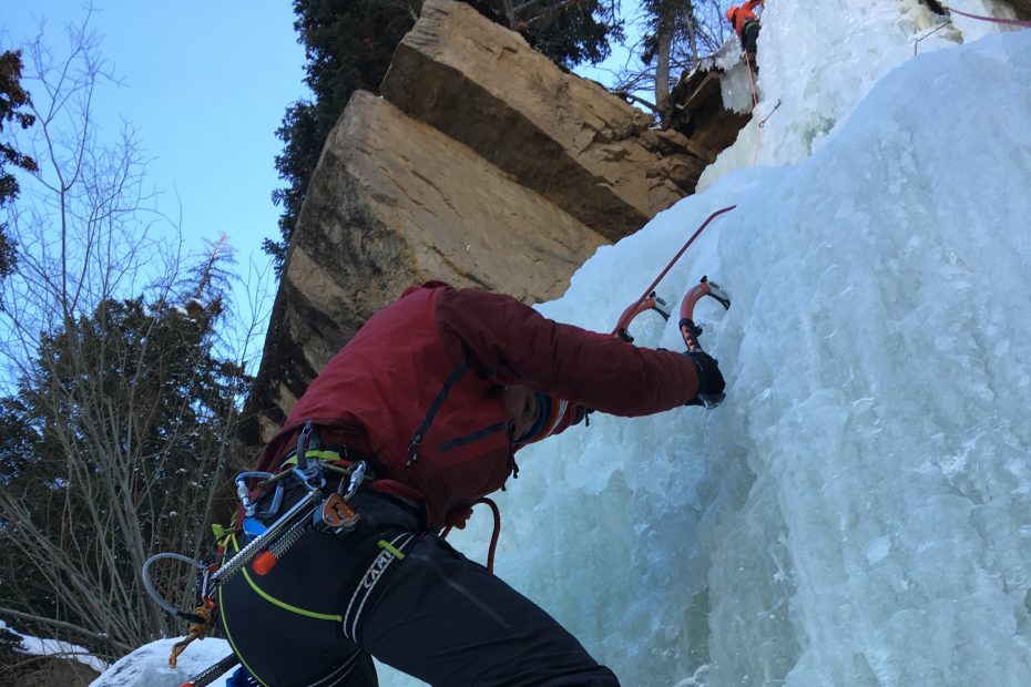 Mike Lewis climbs Hidden Falls in Rocky Mountain National Park with the calf snaps closed on the Dynafit Yotei pants. Lewis reports that he liked the calf snaps because they adapted the fit of the cuffs better for ice climbing after he used the pants for ski touring. [Photo] Eric Stoutenburg