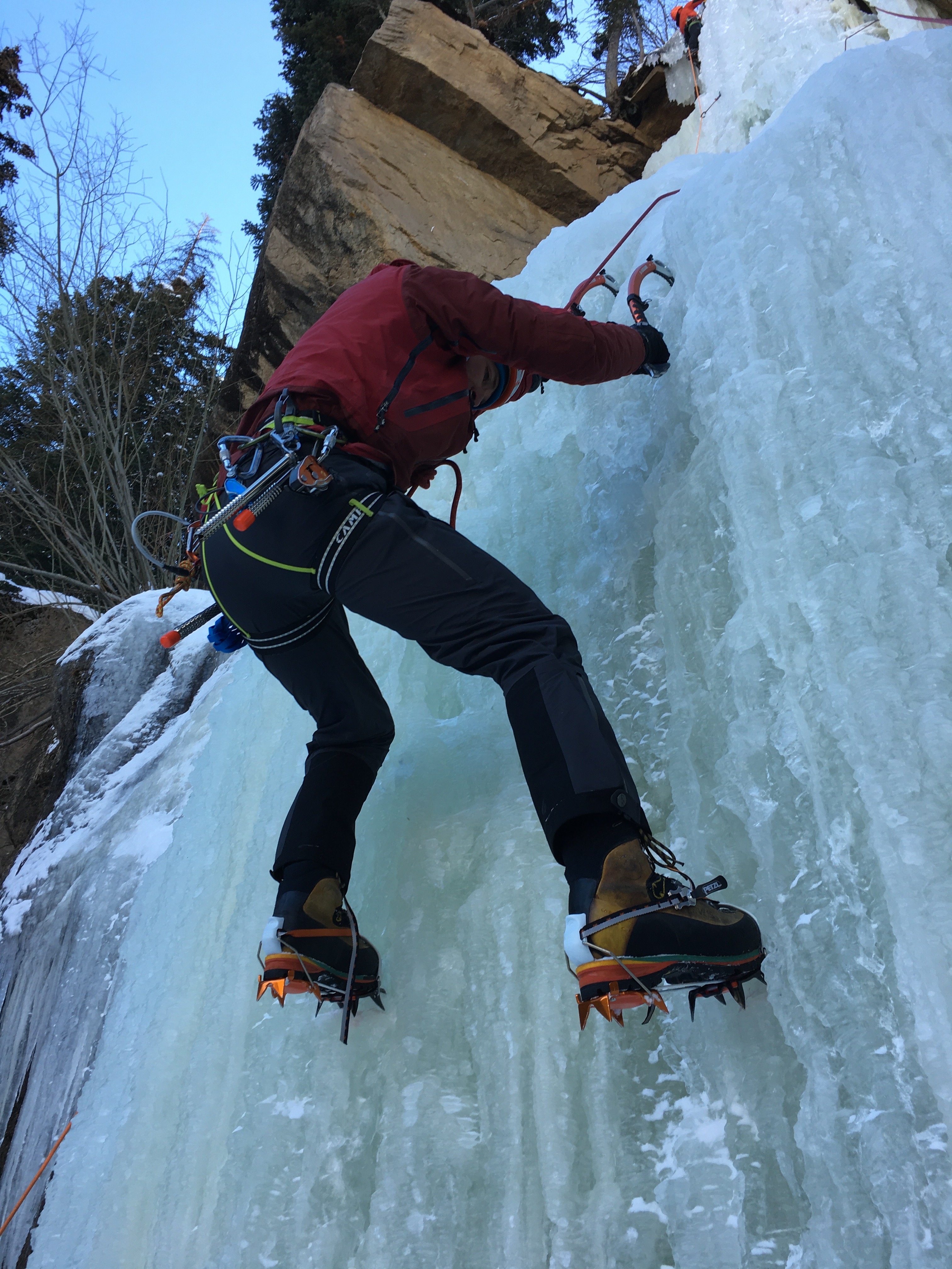 Mike Lewis climbs Hidden Falls in Rocky Mountain National Park with the calf snaps closed on the Dynafit Yotei pants. Lewis reports that he liked the calf snaps because they adapted the fit of the cuffs better for ice climbing after he used the pants for ski touring. [Photo] Eric Stoutenburg