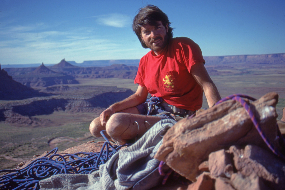 Webster on the summit of King of Pain after the first ascent of Vision Quest (5.10+), 1984. [Photo] Jeff Achey