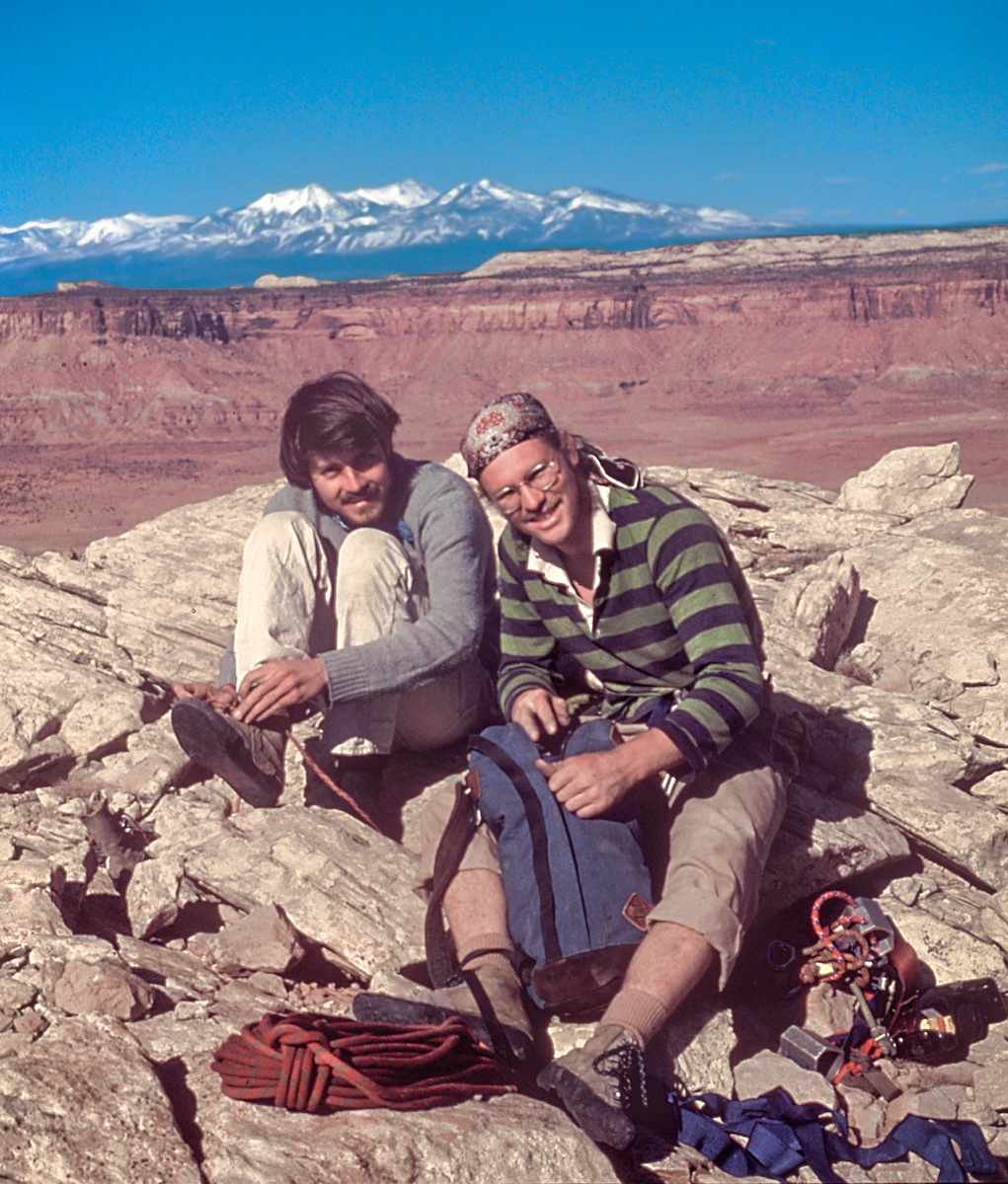Webster and Pete Williams on the summit of North Six Shooter after the first ascent of Lightning Bolt Cracks, 1979. [Photo] Peter Williams collection