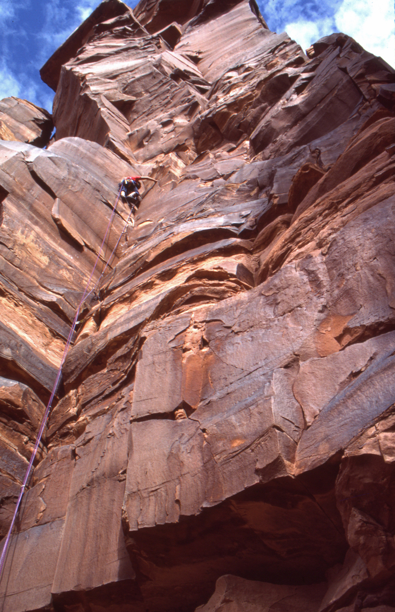 Webster leading on the first ascent of Iron Maiden. [Photo] Jeff Achey