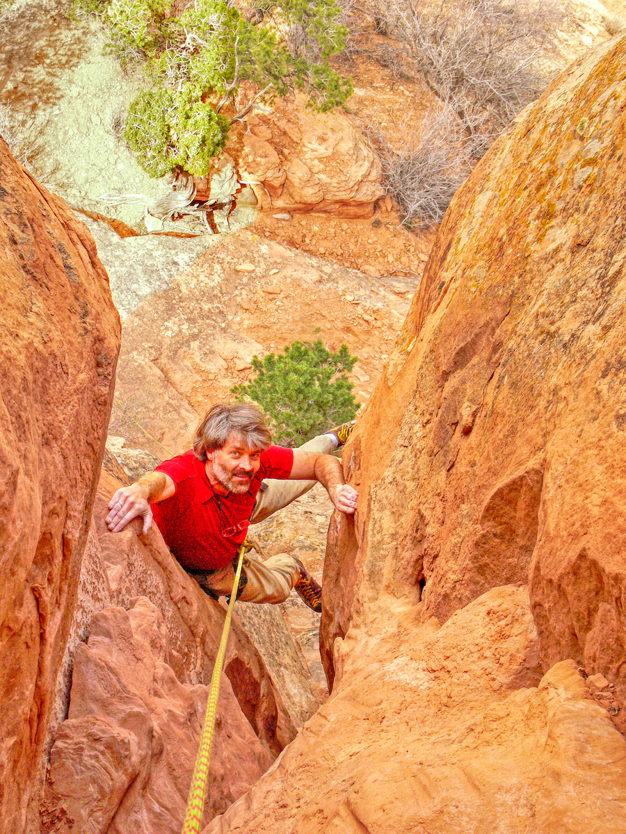 Webster climbing on Remnants Tower in Colorado National Monument, 2008. [Photo] Stewart M. Green