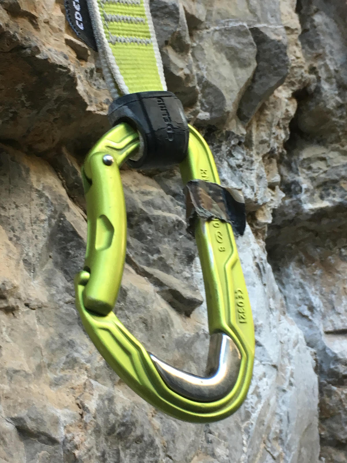 This Edelrid Bulletproof quickdraw hung from the first bolt--a high-wear zone for carabiners--on one of the most popular routes in Rifle for several months and it hardly showed any sign of wear afterward. The regular aluminum carabiner that previously occupied this spot was severely grooved within a matter of weeks. [Photo] Derek Franz