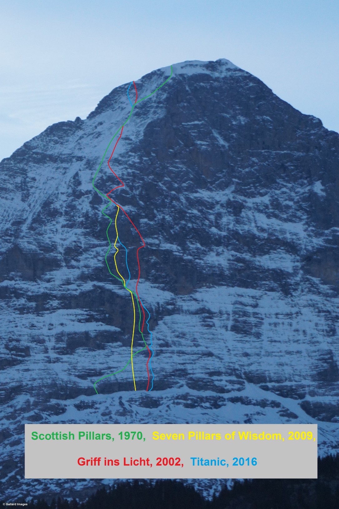 Tom Ballard's updated map of the Eiger's North Pillar routes. Titanic is shown in blue. Ballard said he discovered inaccuracies about the exact lines of these routes as they appear in other sources.* [Photo] Tom Ballard