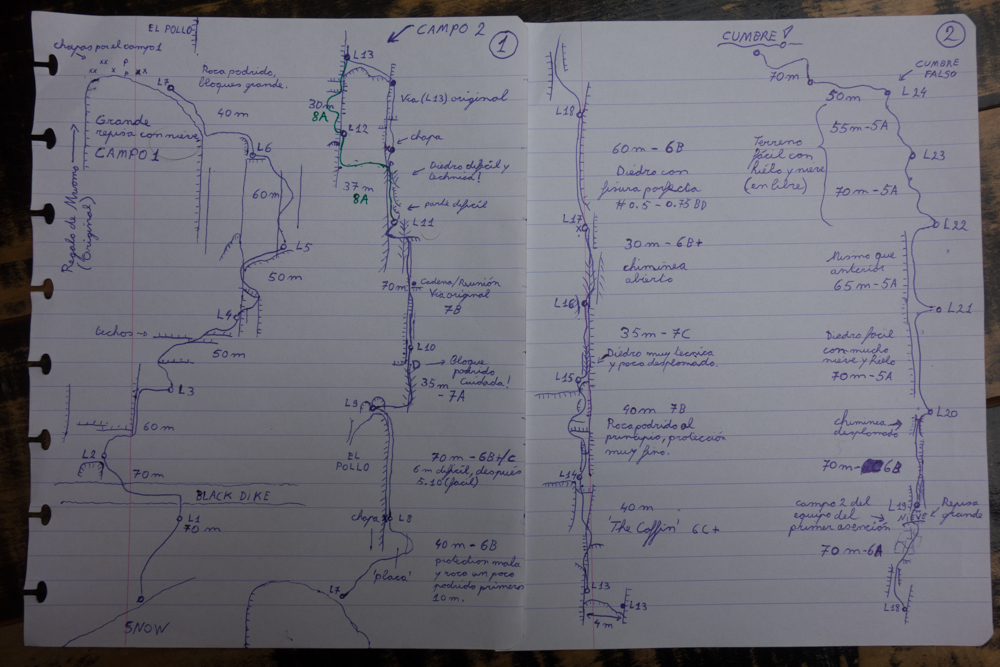 A hand-drawn topo of the route that includes free-climbing variations from the original line. [Photo] Courtesy of Nico Favresse, Siebe Vanhee and Sean Villanueva O'Driscoll