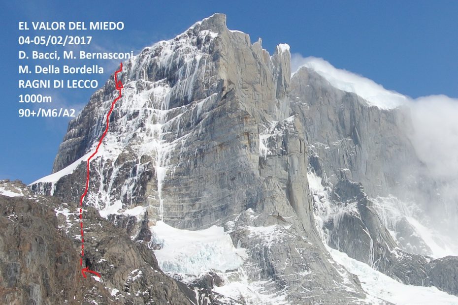 El Valor del Miedo (M6 A2 90+ degrees, 1000m) on Cerro Murallon's east face is marked in red.[Photo] Ragni di Lecco