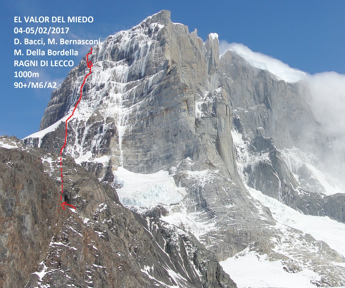 El Valor del Miedo (M6 A2 90+ degrees, 1000m) on Cerro Murallon's east face is marked in red.[Photo] Ragni di Lecco