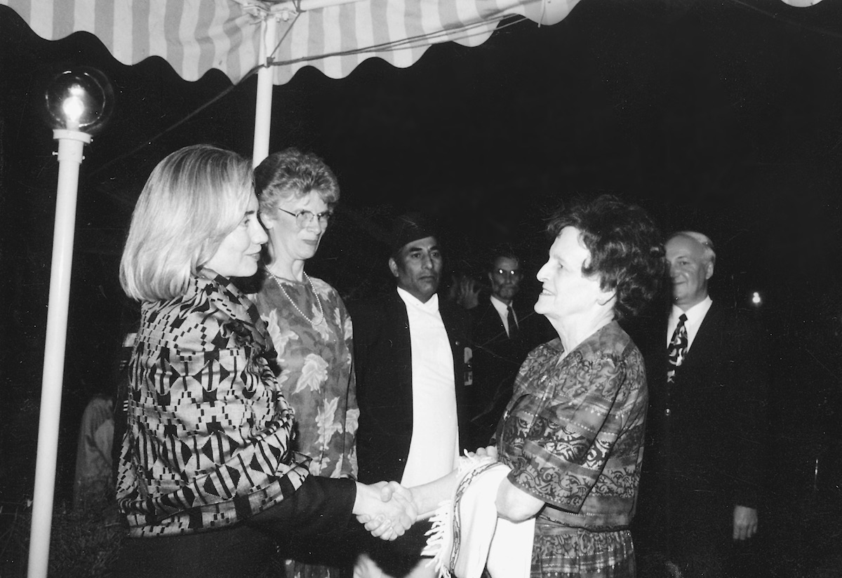 Hawley greeting U.S. First Lady Hillary Clinton at a U.S. Embassy reception, 1995. [Photo] Courtesy of the Michael and Meg Leonard collection