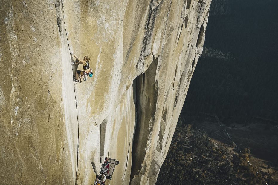 Emily Harrington leading the Golden Desert pitch (5.13a) near the top of El Capitan. [Photo] Jon Glassberg, Louder Than 11