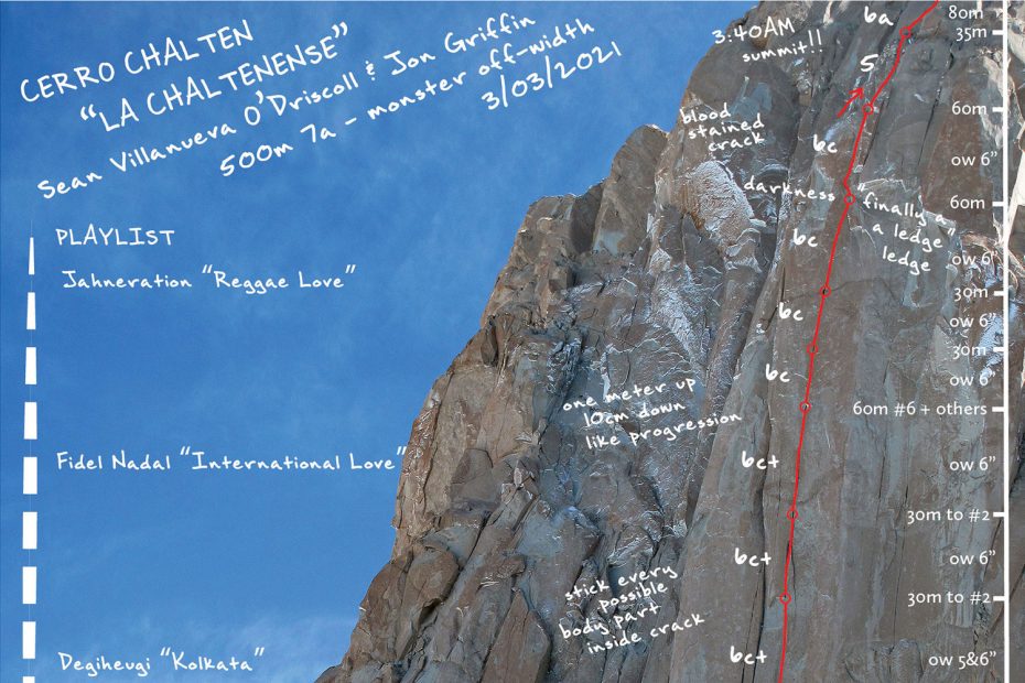 This copyrighted topo shows the route of La Chaltenense (5.11+, 500m) on Fitz Roy. The playlist of songs on the left corresponds to the pitches where they were played. Patagonia guidebook author (and creator of this image) Rolando Garibotti said he came up with the idea after learning that first ascensionist Jon Griffin had carried speakers and played music on almost every pitch. [Image] © Rolando Garibotti @rolo_garibotti @patagoniavertical