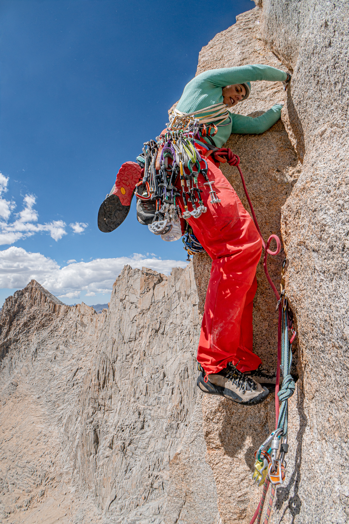 With a light rack of Revolutions and a cool breeze, Jane Jackson jams for joy on the West face of Mt. Russell, California. [Photo] Tad McCrea
