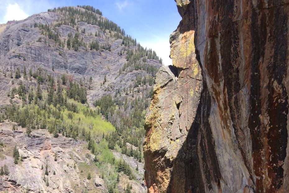 The Foehn Brise Pants were ideal for the chilly spring temps at the Techno Crag (ca. 9,000') above Ouray, Colorado, last May. Here the author enjoys the classic arete of All Night Rave (5.12b) with numb fingers. [Photo] Mandi Franz