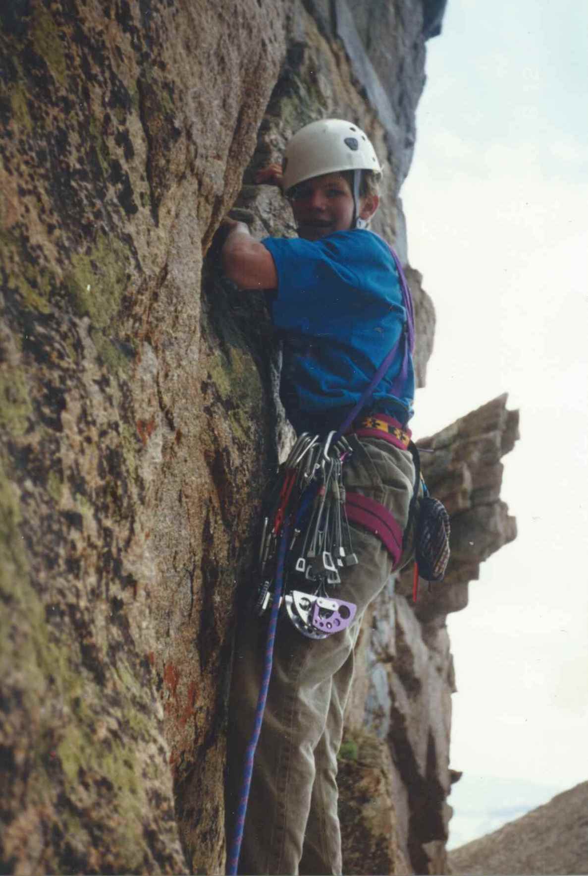 Franz tops out his first 5.10 lead at age 15 in 1998: Directissima [stet] (III 5.10b, 4 pitches), Chasm View Wall, Longs Peak, Colorado. [Photo] Warren Franz