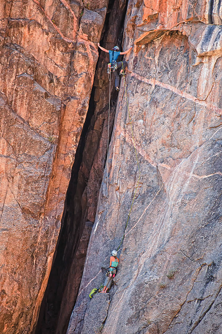 Madaleine Sorkin on Qualgeist (V 12b), Black Canyon of the Gunnison, Colorado. For some of Sorkin's thoughts on climbing, see Alpinist 27. [Photo] Chris Noble