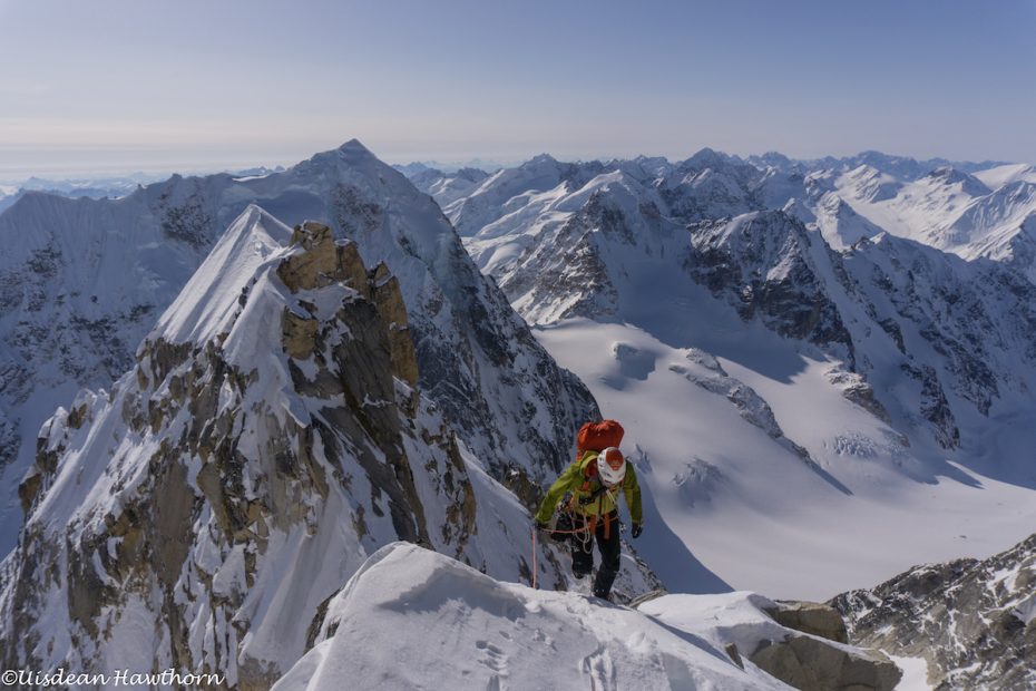 Tom Livingstone on the summit ridge of Jezebel after climbing a new route-- Fun or Fear (AI 6 R M6+, 90 degrees, ca. 1200m)--up the mountain's east face with Uisdean Hawthorn. [Photo] Uisdean Hawthorn