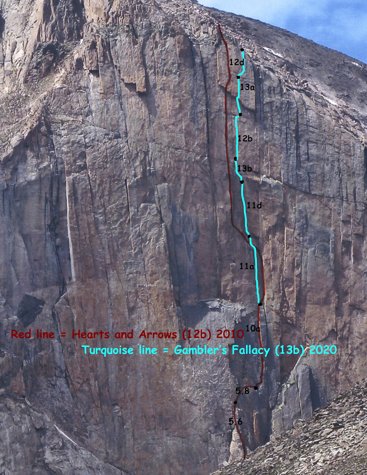 The blue line shows where Gambler's Fallacy deviates from Hearts and Arrows (5.12b), which is marked in red and takes a more circuitous route up the Diamond. [Image] Chris Weidner