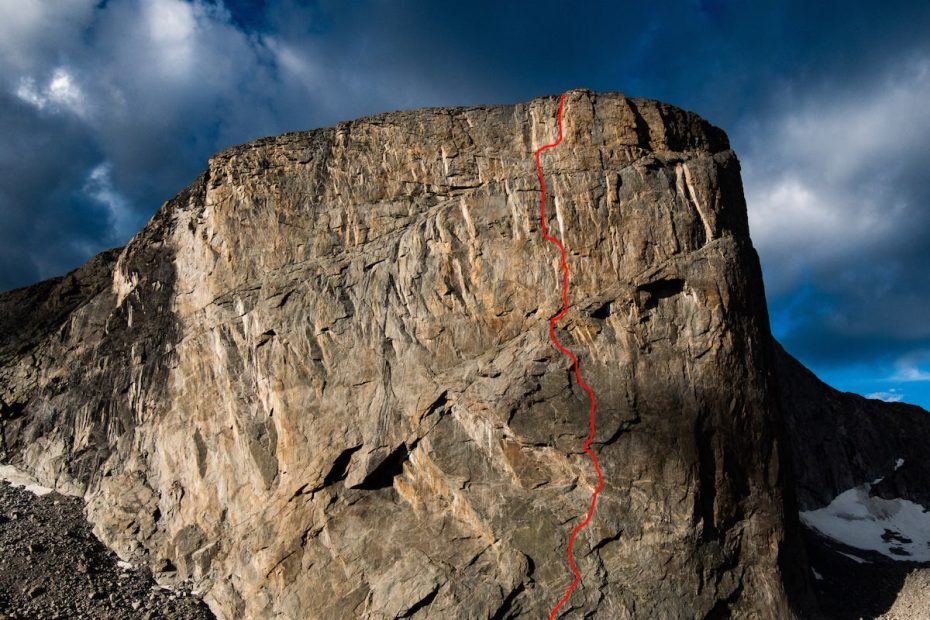 Mt. Hooker with Gambling in the Winds (V 5.12+, 2,000') drawn in red. [Photo] Austin Siadak