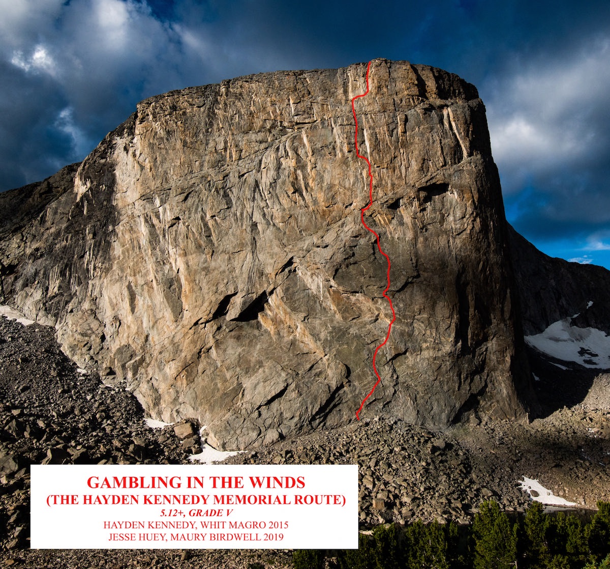 Mt. Hooker with Gambling in the Winds (V 5.12+, 2,000') drawn in red. [Photo] Austin Siadak