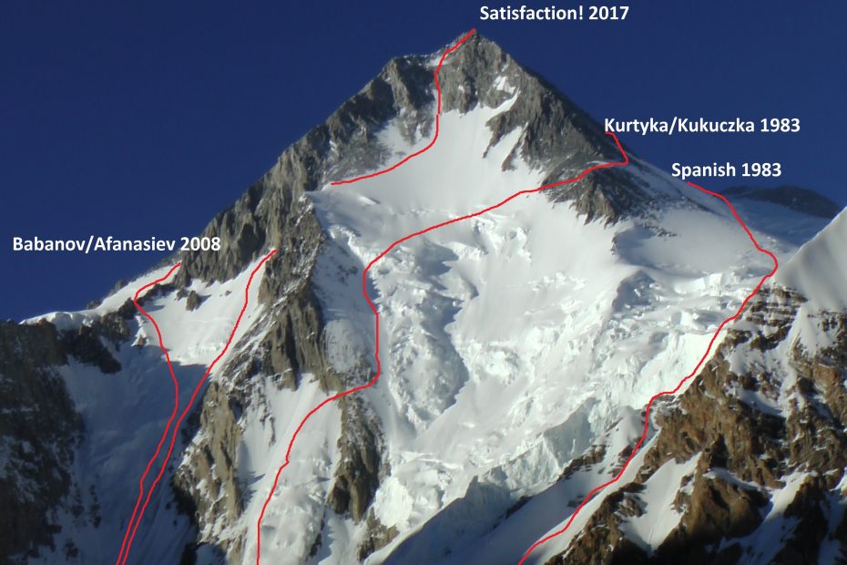 Gasherbrum I (8080m): Satisfaction (ED+ M7 WI5+ 70°, 3000m) is the second line from the left. [Image] Marek Holecek