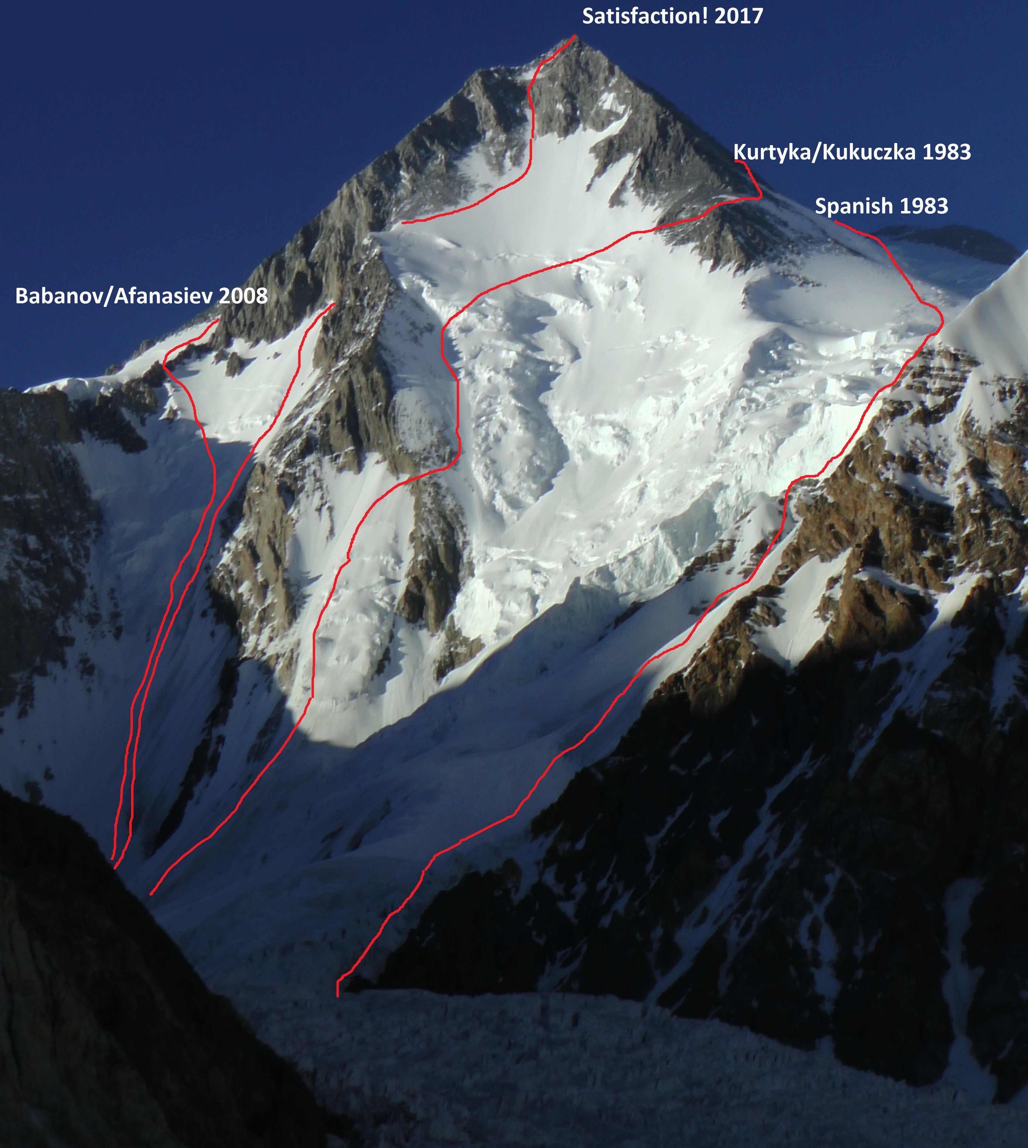 Gasherbrum I (8080m): Satisfaction (ED+ M7 WI5+ 70°, 3000m) is the second line from the left. [Image] Marek Holecek