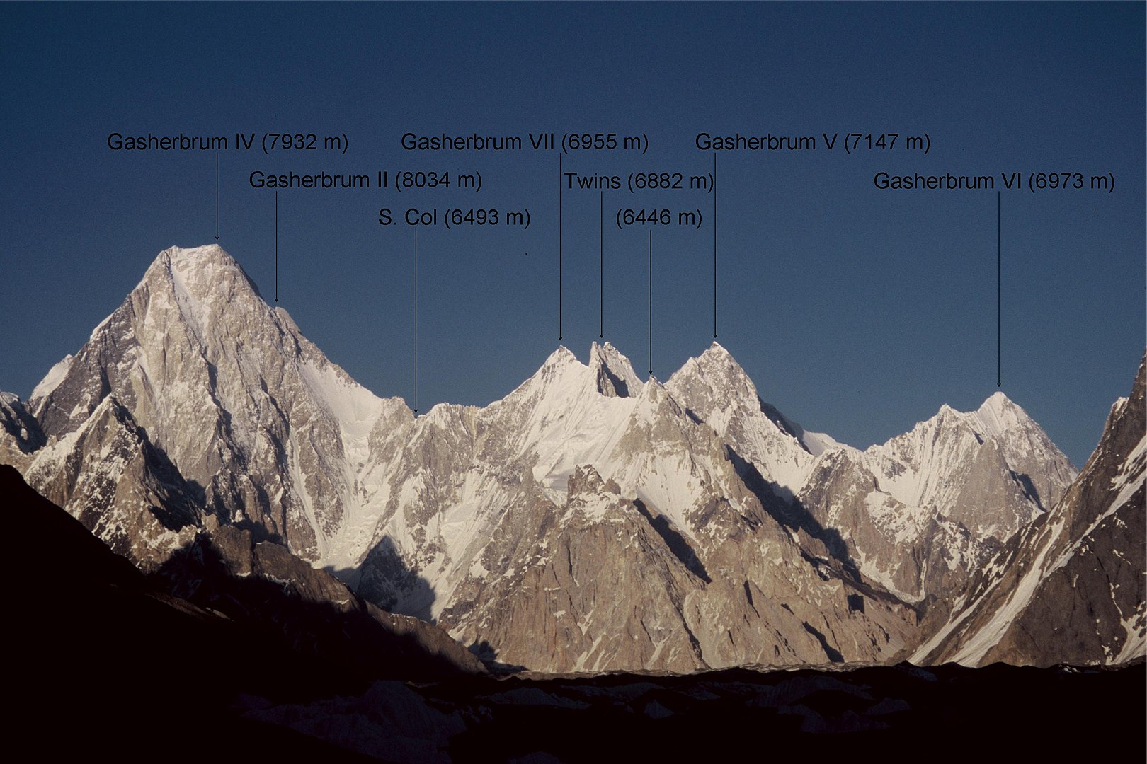 The west faces of Gasherbrum IV, V, VI, and VII. The peak of Gasherbrum II is just barely visible behind the southern ridge of Gasherbrum IV. Gasherbrum I (Hidden Peak) is hidden behind Gasherbrum V. [Photo] Florian Ederer, Wikimedia