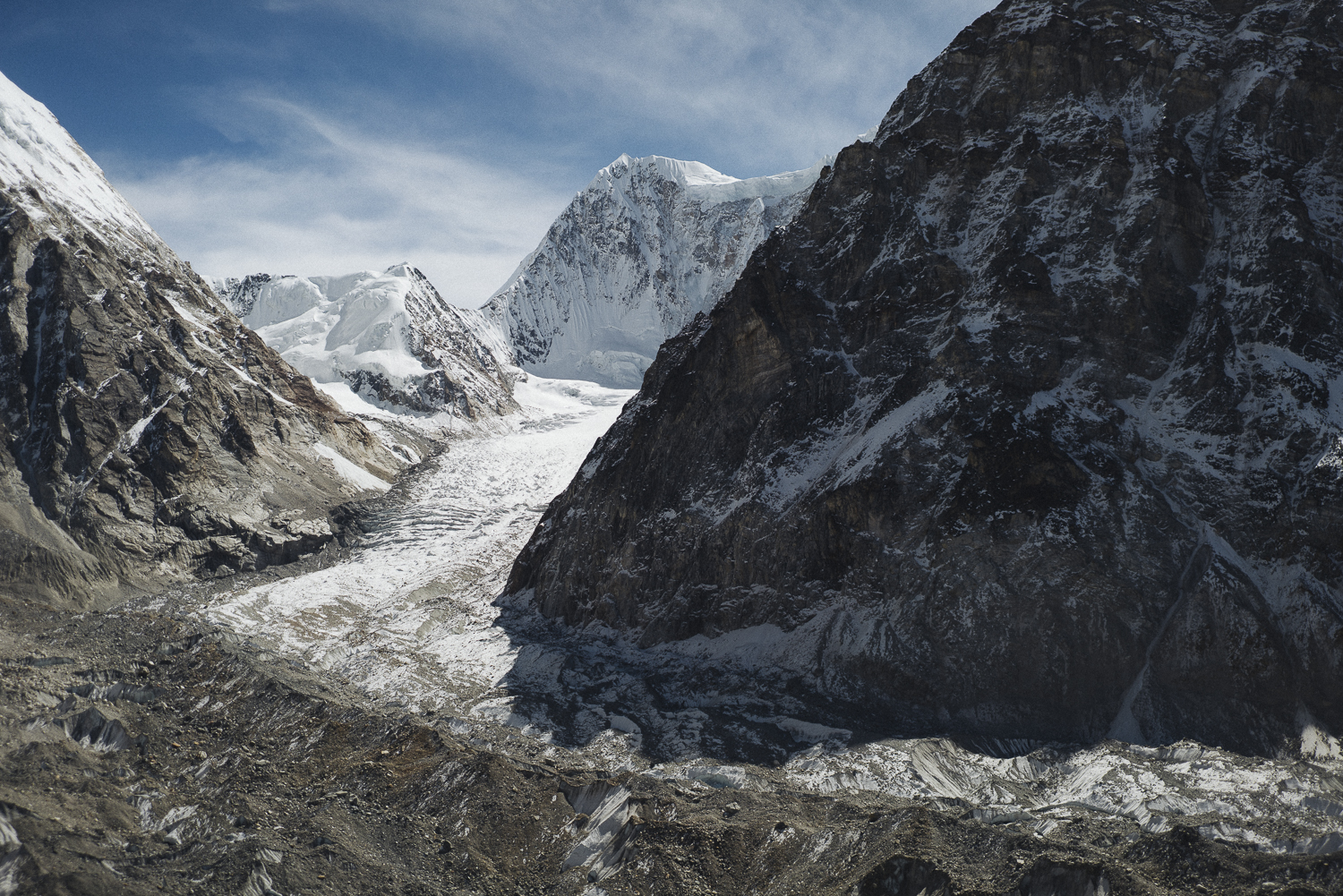 This photo shows Gimmigela East (7005m) from a vantage point above the team's base camp. Auer wrote, Our plan of putting up a base camp with a direct view to the mountain was shut down by our porters. They all stopped in Camp Pangpema, the base camp for Kangchenjunga (8586m). We convinced five of them to shuttle up our loads a little bit higher during a few days. [Photo] Elias Holzkenecht