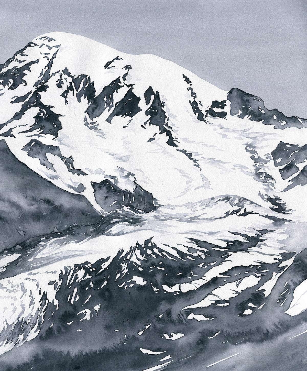 [1 of 2] Mt. Rainier, 1890 vs. 2018. The artist recounts: These paintings illustrate the recession of the Nisqually Glacier from 1890 to 2018. The 1890 painting is based on an image found in a photographic analysis by Fred Veatch. According to geomorphologist Paul Kennard, the Nisqually Glacier is losing up to a quarter mile of length each year. [Artwork] Claire Giordano