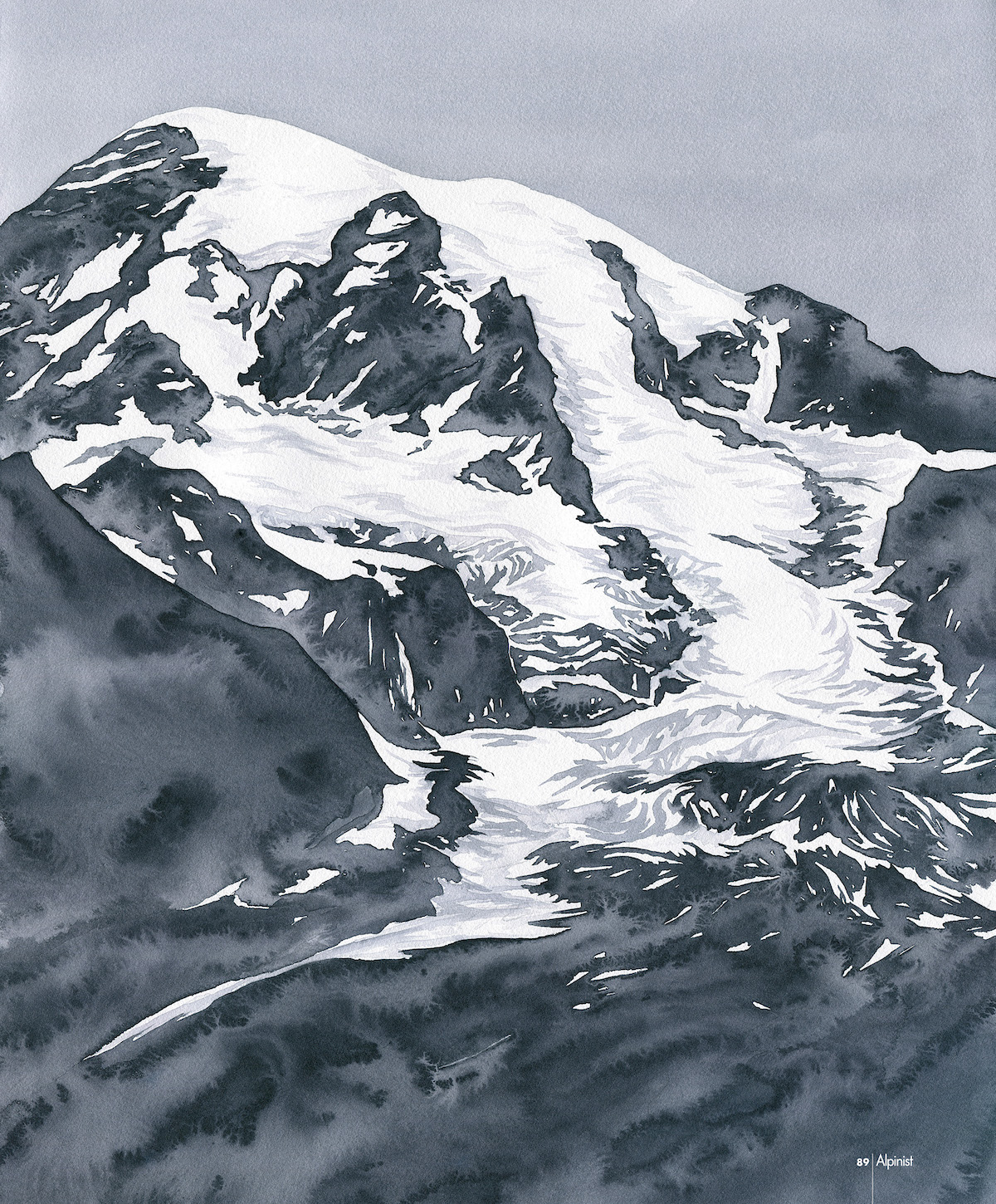 [2 of 2] Mt. Rainier, 1890 vs. 2018. The artist recounts: These paintings illustrate the recession of the Nisqually Glacier from 1890 to 2018. The 1890 painting is based on an image found in a photographic analysis by Fred Veatch. According to geomorphologist Paul Kennard, the Nisqually Glacier is losing up to a quarter mile of length each year. [Artwork] Claire Giordano