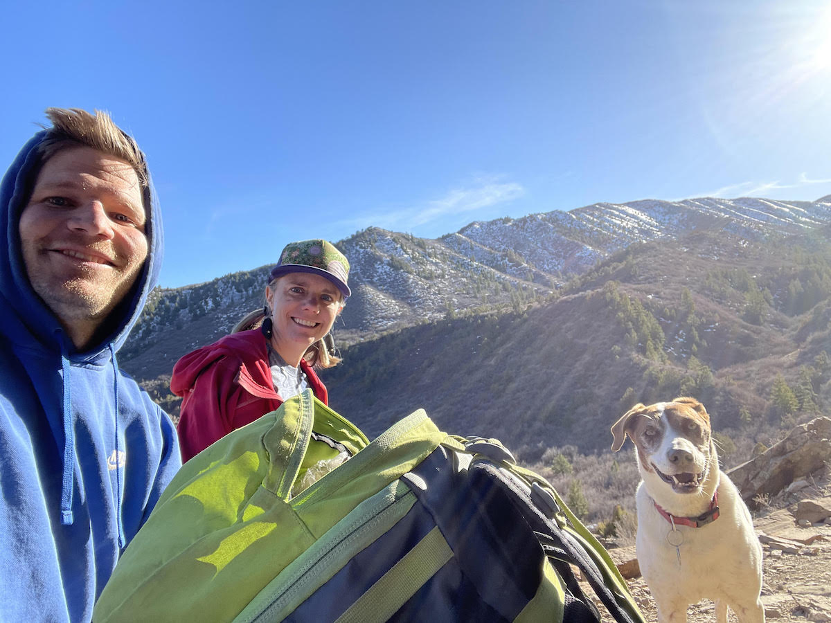 Derek Franz with his wife and dog during a long training day at the crag last March in preparation for a Yosemite trip. [Photo] Derek Franz