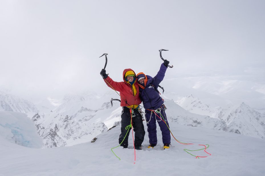 Clint Helander and Andres Marin on top of Golgotha (8,940') in Alaska's Revelation Range after completing the first ascent of Shaft of the Abyss (VI AI5 R M5 90° Snow A0, ca. 4,000'). [Photo] Courtesy of Clint Helander