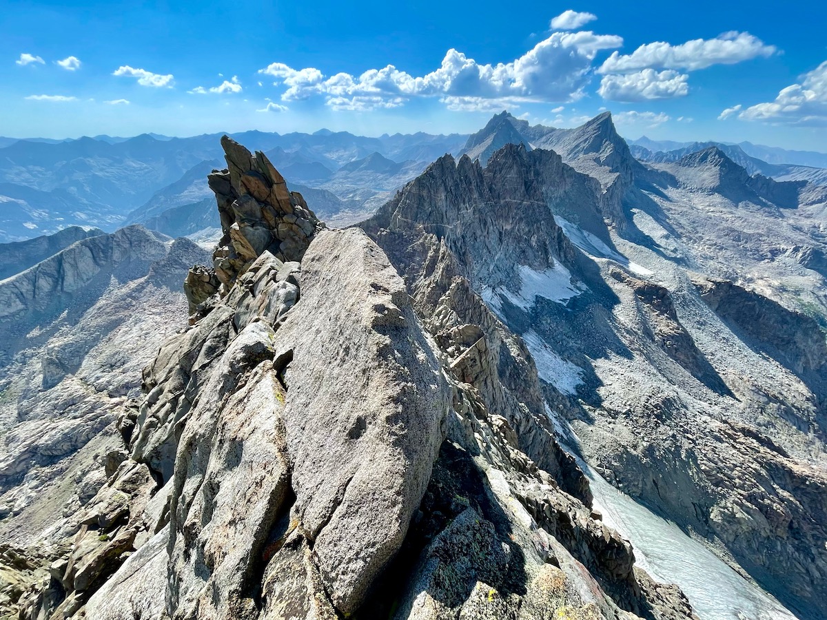 The ridge on the southern section of the Palisade Traverse, taken during the third day of Musiyenko's traverse. Seen here are the summit of Mt. Williams, the Palisade Crest, and the start of the regular Palisade Traverse with Mt. Sill dominating the skyline. [Photo] Vitaliy Musiyenko