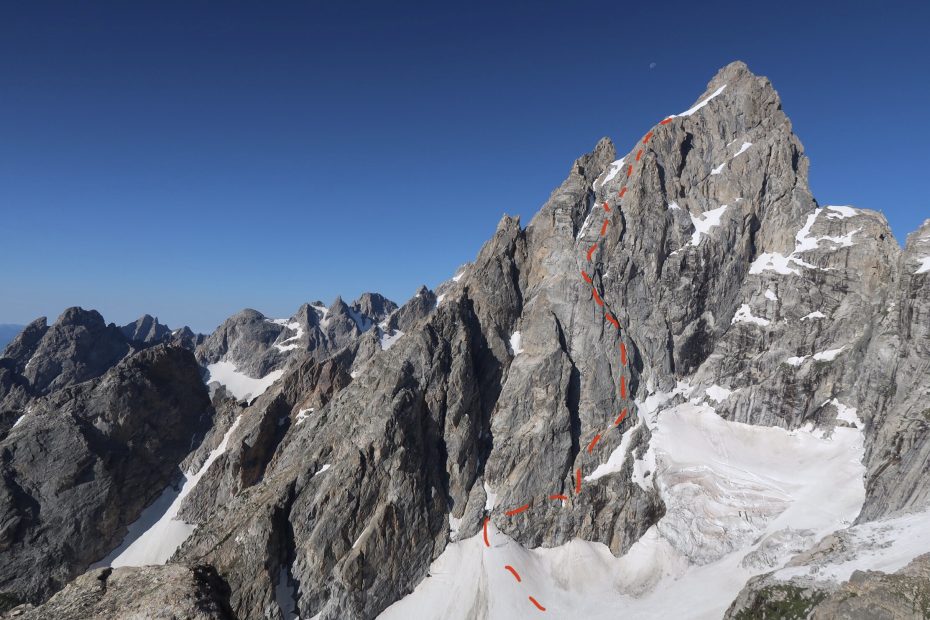 The north face of the Grand Teton with the approximate route of the North Buttress Direct drawn in red. The photo was taken from somewhere between Teewinot and Mt. Owen while on the Grand Traverse route a week earlier. [Image] Justin Bowen