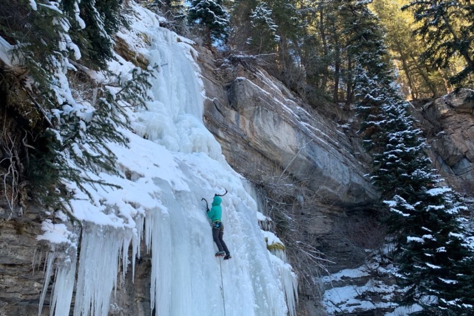 Corey Buhay leads East Vail Falls (WI 3/4) with the Grivel Dark Machine ice tools. [Photo] Erica Givans