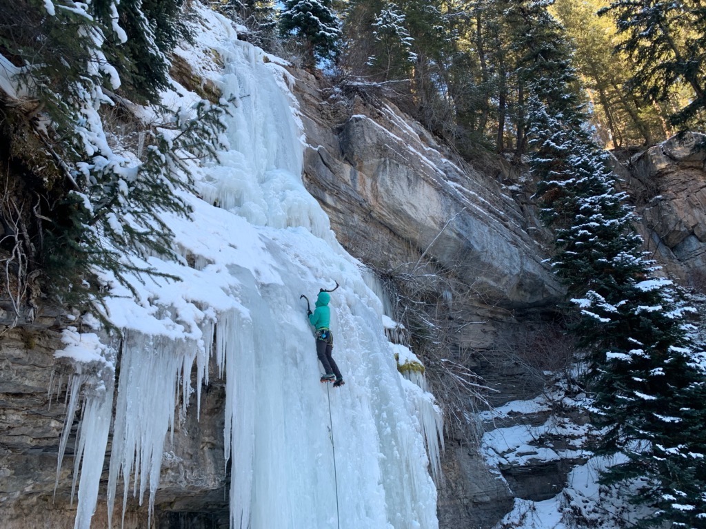 Corey Buhay leads East Vail Falls (WI 3/4) with the Grivel Dark Machine ice tools. [Photo] Erica Givans