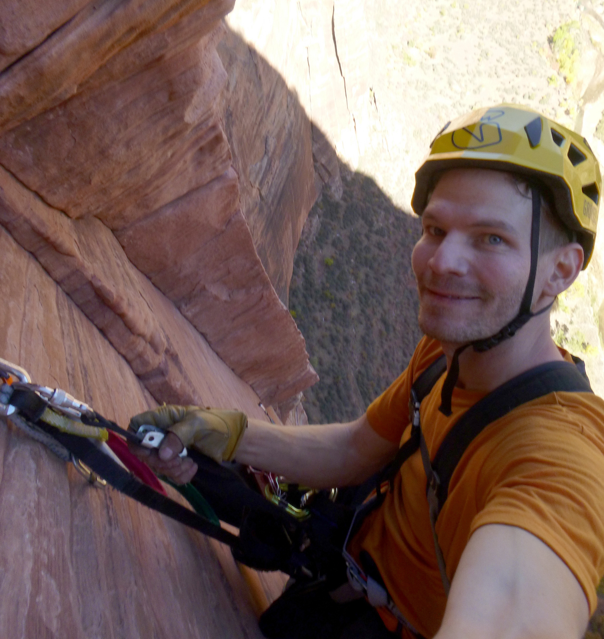 The author wearing the Grivel Stealth Hardshell helmet on the second-to-last pitch of Prodigal Sun in Zion, October 2017. [Photo] Derek Franz