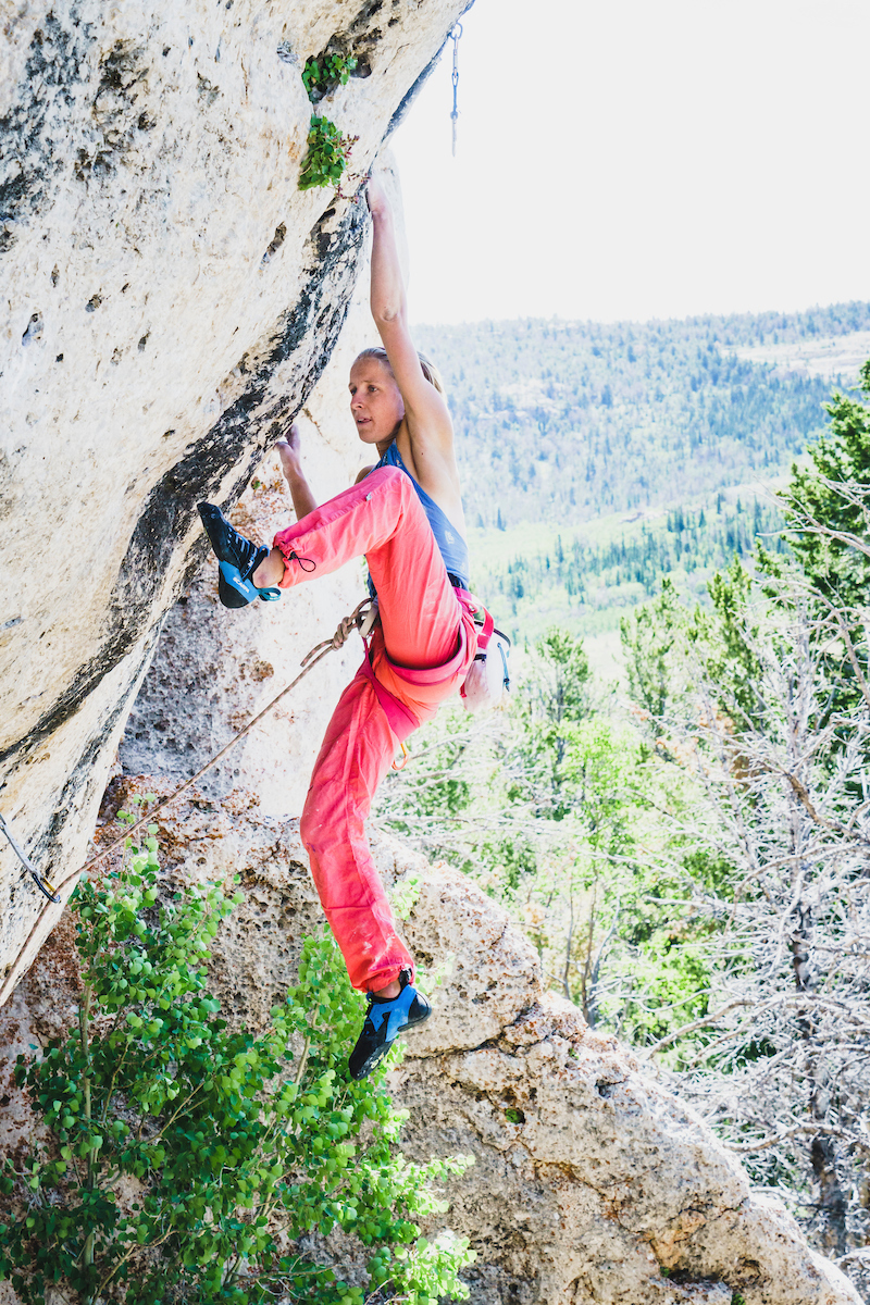 Perkins on Rodeo Free Europe (5.14a), Wild Iris, Wyoming. The route is one of several 5.14 climbs that she redpointed in her career. [Photo] Louis Arevalo