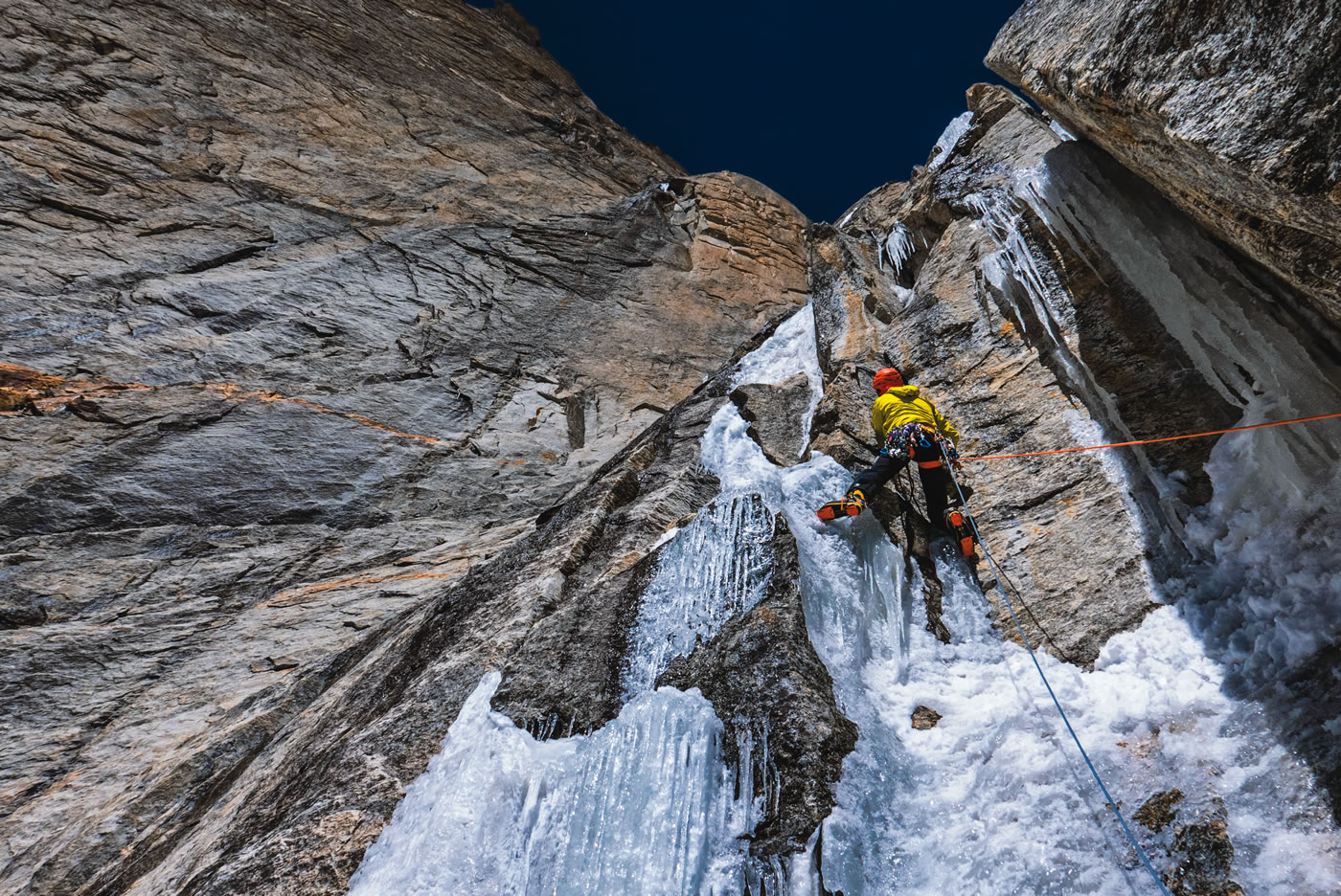 Pellissier on one of the increasingly slushy ice flows during the second day. Before Cerro Kishtwar, Prezelj, Kennedy and Novak had acclimatized by making the first ascent of the south ridge (D+, 1400m) of Chomochior (6278m). [Photo] Marko Prezelj