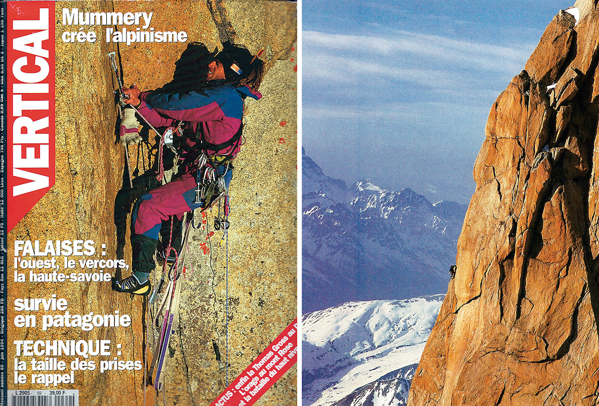 Beauzile on the cover of the French climbing magazine Vertical, June 1994 (left). Beauzile on the Tomas Gross route on the Aiguille du Dru, where he spent nine days climbing alone. [Photos] Courtesy of Philippe Fragnol/Vertical (both)