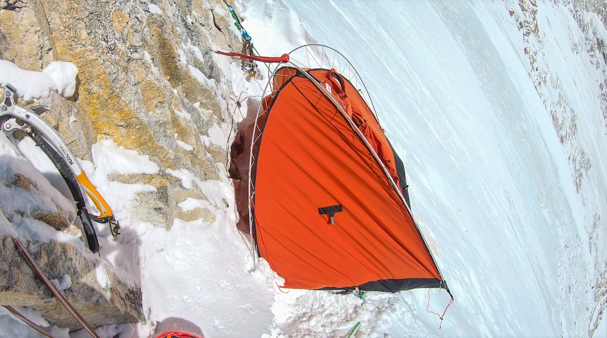 Bivy at around 6300 meters, March 19, where small avalanche during the night broke one of the tent poles. [Photo] Dmitry Golovchenko and Sergey Nilov