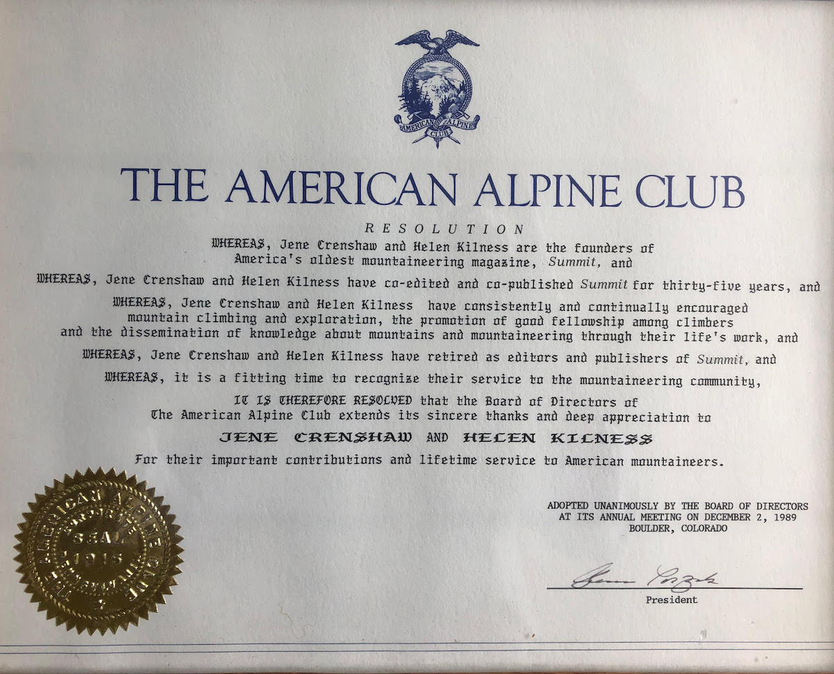 The American Alpine Club recognized Crenshaw and Kilness for their important contributions and lifetime service to American mountaineers in 1989. [Photo] Courtesy of Paula Crenshaw