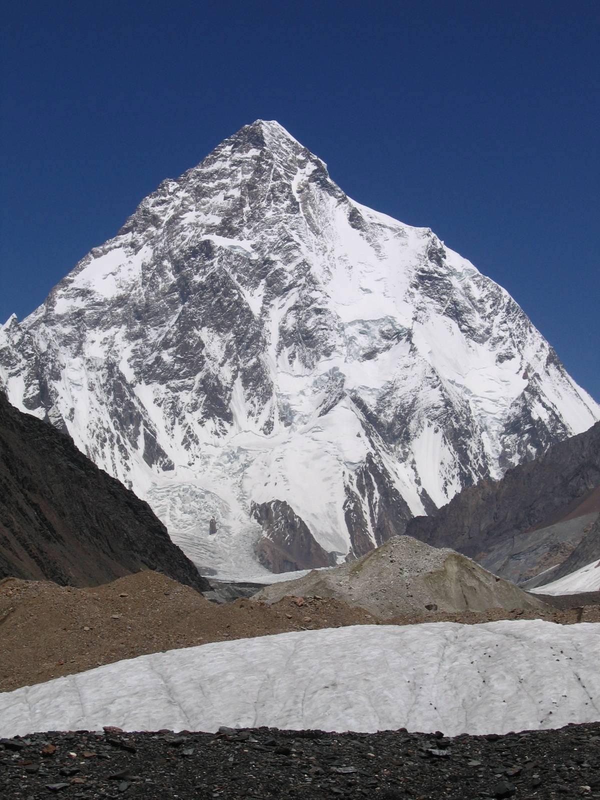 K2 (8611m) as seen in summer. The Abruzzi Spur--the route of the first ascent by Italians in 1954 and the route used for the first winter ascent on January 16, 2021, by 10 Nepali climbers--follows the right-hand skyline. [Photo] Svy123, Wikimedia Commons