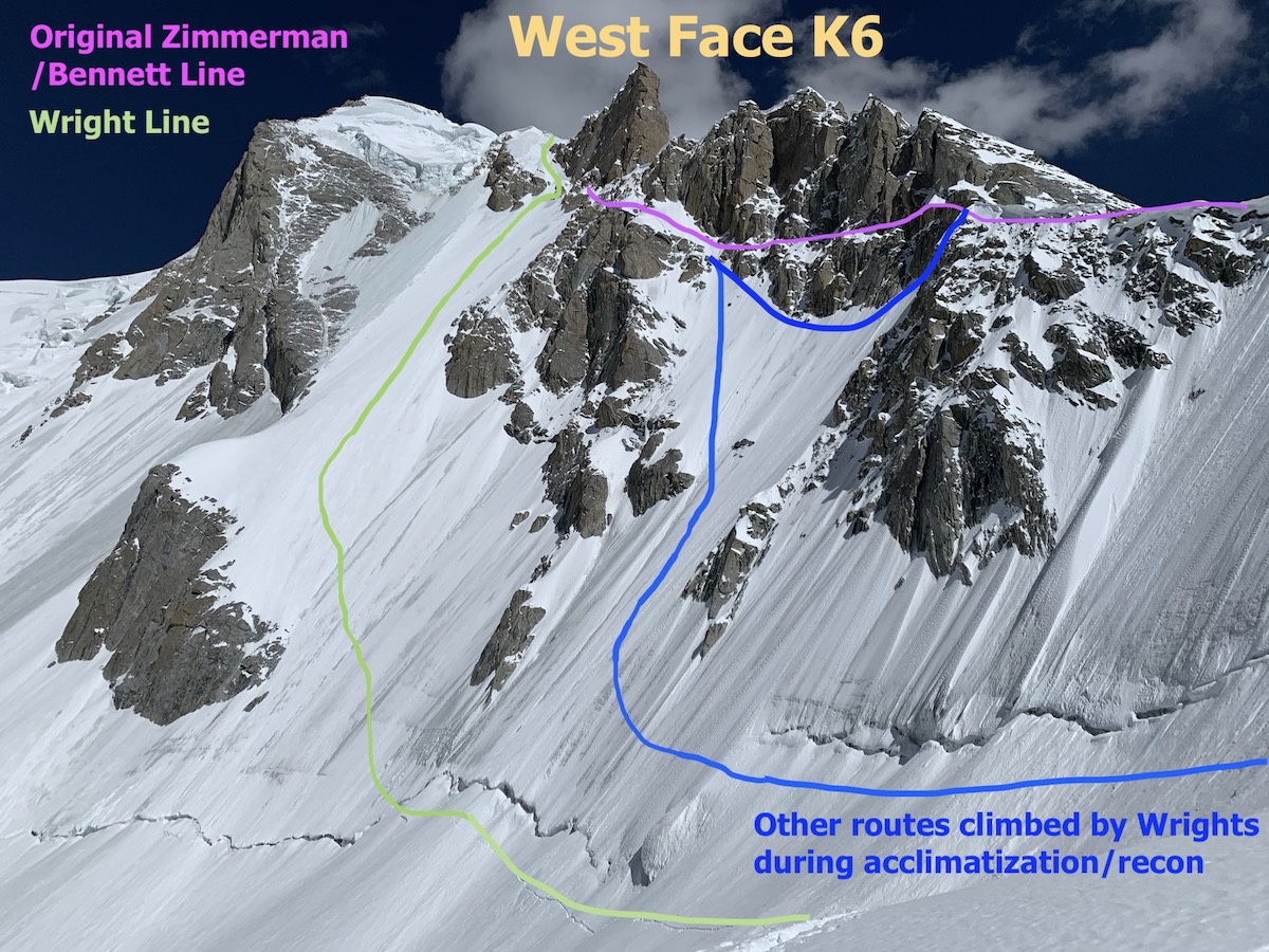 This photo shows the view of the west face of K6 West. The route climbed by Scott Bennett and Graham Zimmerman in 2015 stays high on the ridge and is shown in purple. The Wrights ascended some routes intersecting the 2015 route partway up to acclimatize (shown in blue), but on their final ascent they stayed low and climbed up to the left (shown in green). [Photo] Priti and Jeff Wright collection