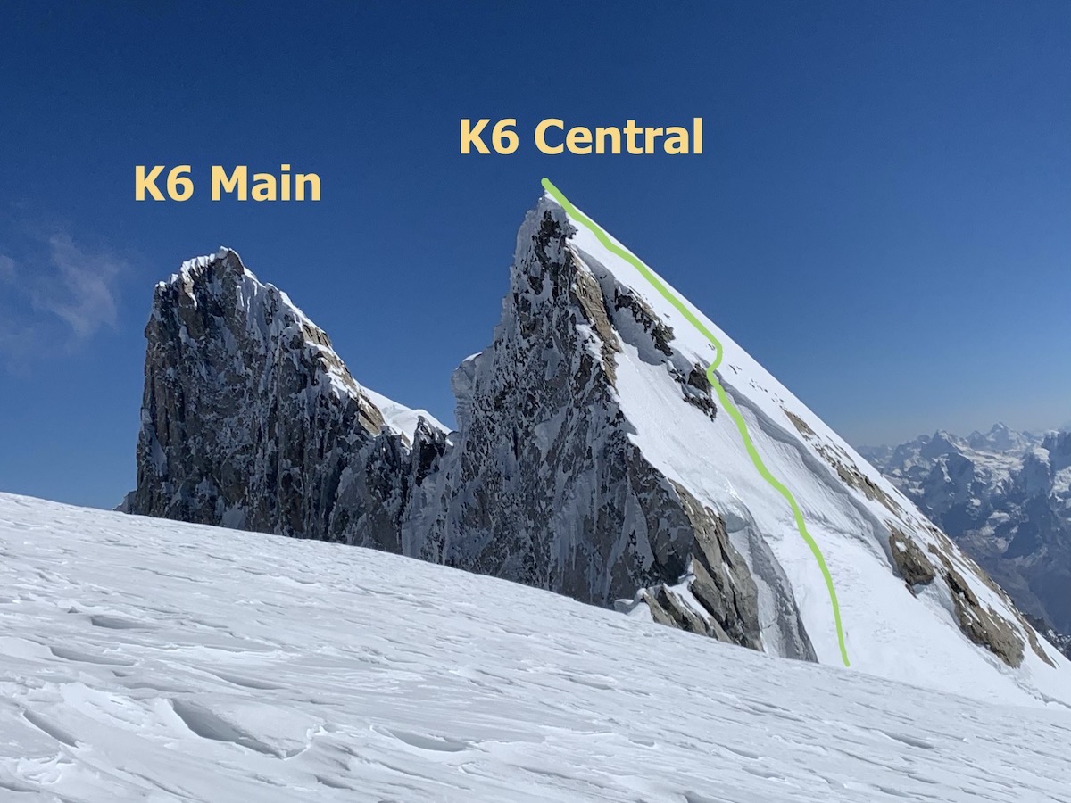 The view of K6 Central from K6 West, with the line of ascent shown in green. [Photo] Priti and Jeff Wright collection