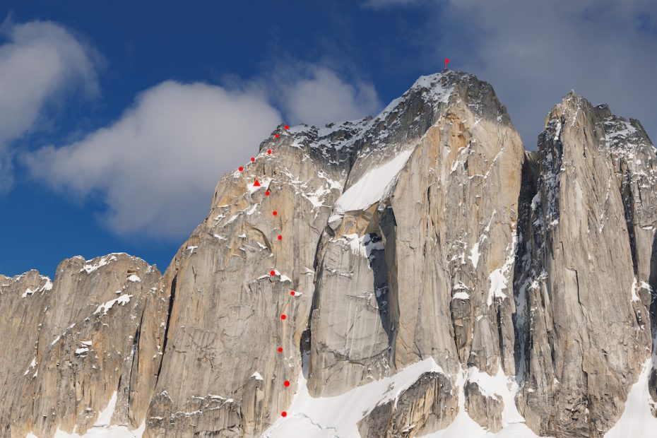 Red dots show the route of David Allfrey, White Magro and Graham Zimmerman's new route, The Pace of Comfort (VI 5.10 A3+ M6 70° snow, 3,100') on the northwest face of Kichatna Spire (8,985') in the Alaska Range. [Photo] Oliver Rye