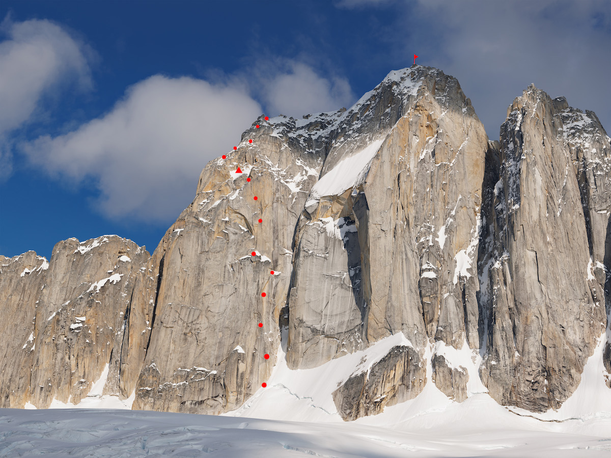 Red dots show the route of David Allfrey, White Magro and Graham Zimmerman's new route, The Pace of Comfort (VI 5.10 A3+ M6 70° snow, 3,100') on the northwest face of Kichatna Spire (8,985') in the Alaska Range. [Photo] Oliver Rye