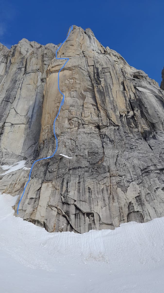 The line shows Mark Thomas and Mike Turner's new route Thunderstruck (VI 5.11b A3+, 3,900') on the east face of Kichatna Spire. [Photo] Mark Thomas/Mike Turner collection