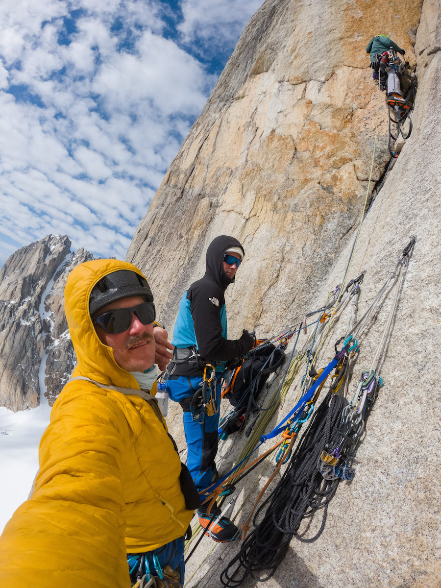 Allfrey leading on The Pace of Comfort with Zimmerman and Magro at the belay. [Photo] Graham Zimmerman