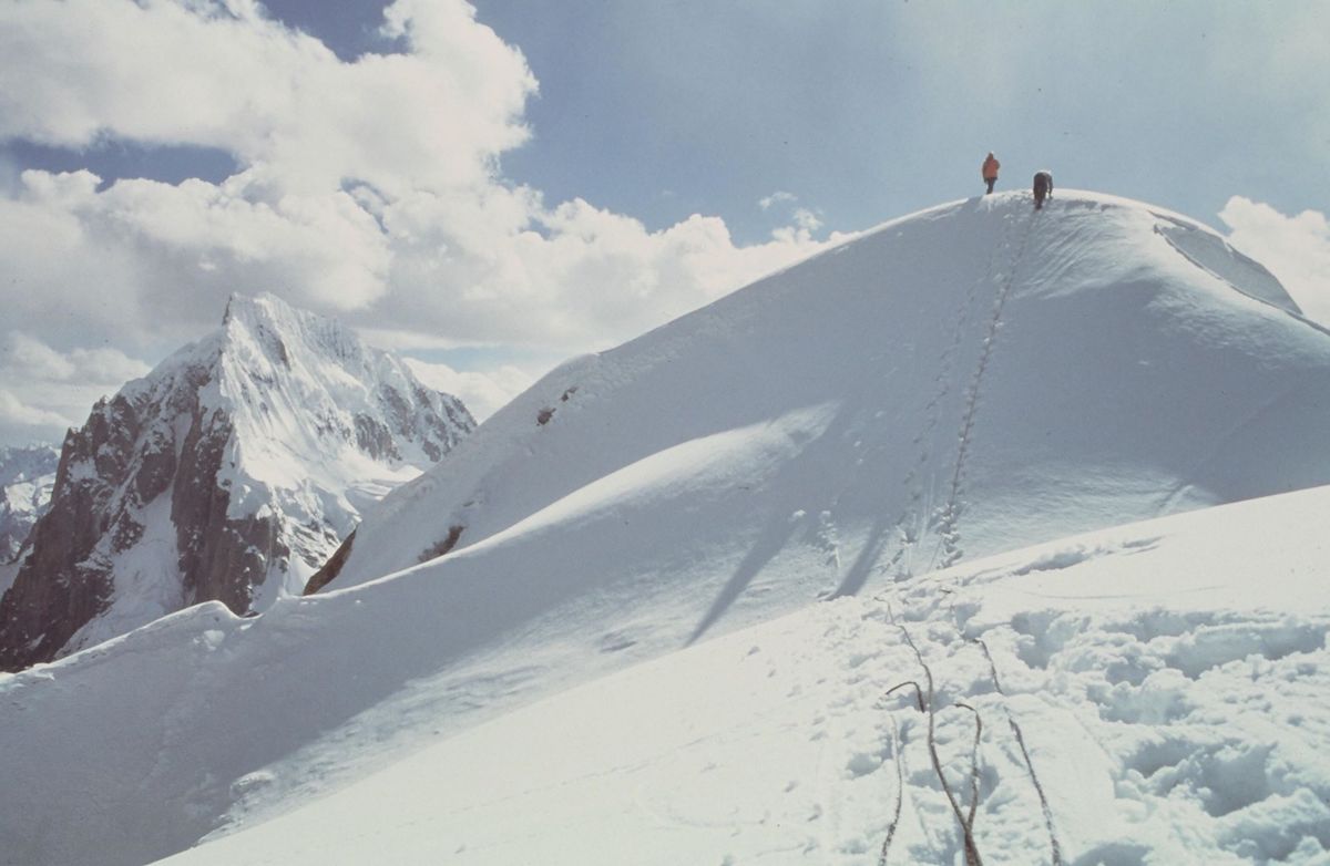Kim and Bill Forrest reaching the summit of Uli Biaho. [Photo] John Roskelley, Kim Schmitz collection