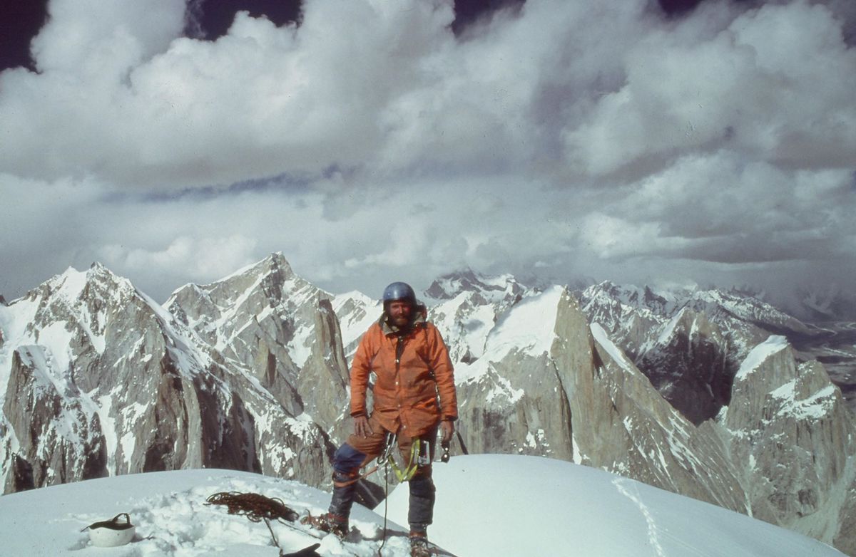 Roskelley on top of Uli Biaho. [Photo] Bill Forrest, Kim Schmitz collection