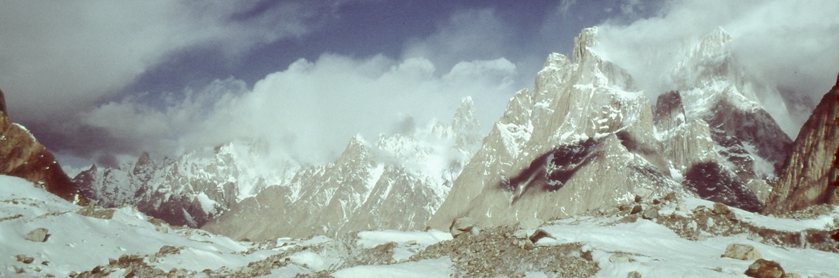 View from the Baltoro Glacier in Pakistan: Uli Biaho (left) and the Trango Towers (right). [Photo] Photographer unknown, Kim Schmitz collection